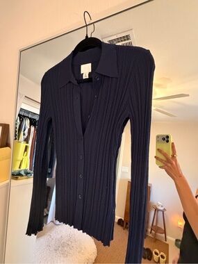 H&M Navy Ribbed Collared Cardigan Top Size Small Minimalist Chic